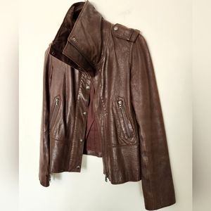 Marc New York Andrew Marc Brown Leather Funnel High Collar Jacket
